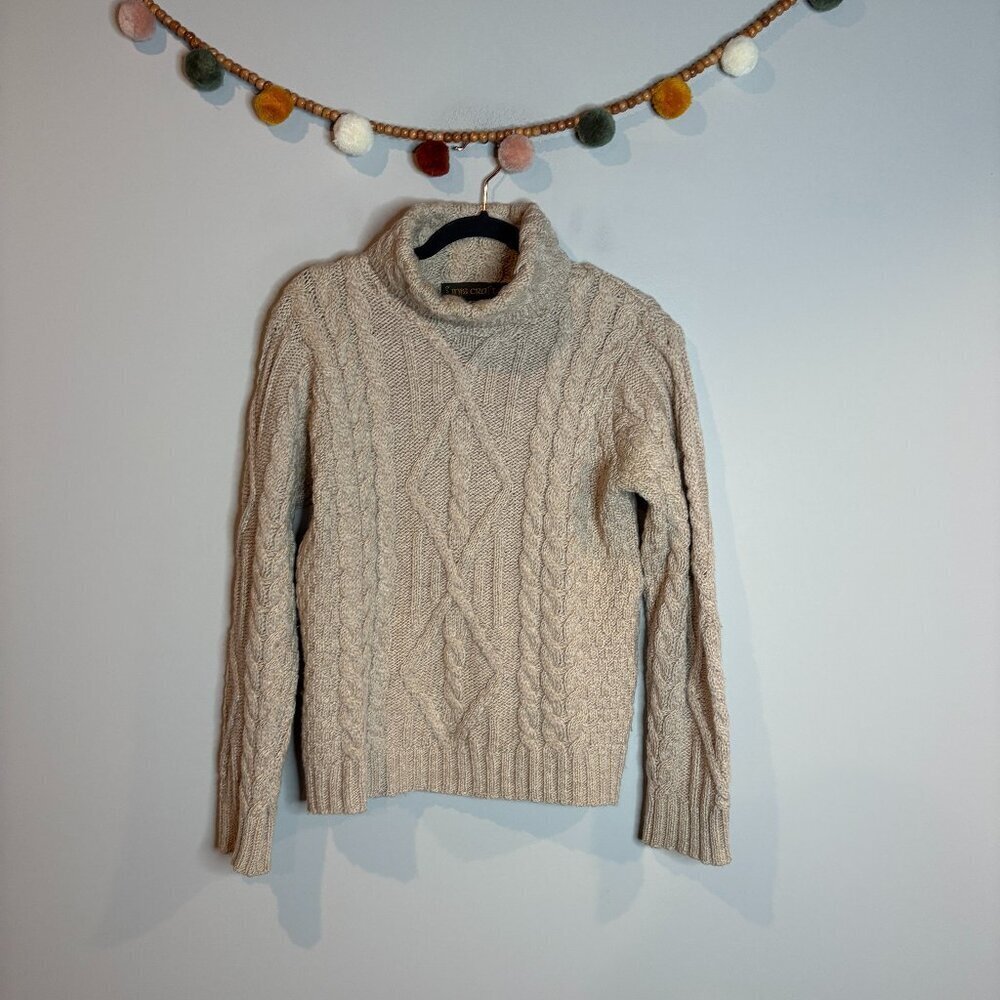 Inis Crafts Irish Merino Wool tan cable knit turtleneck sweater
